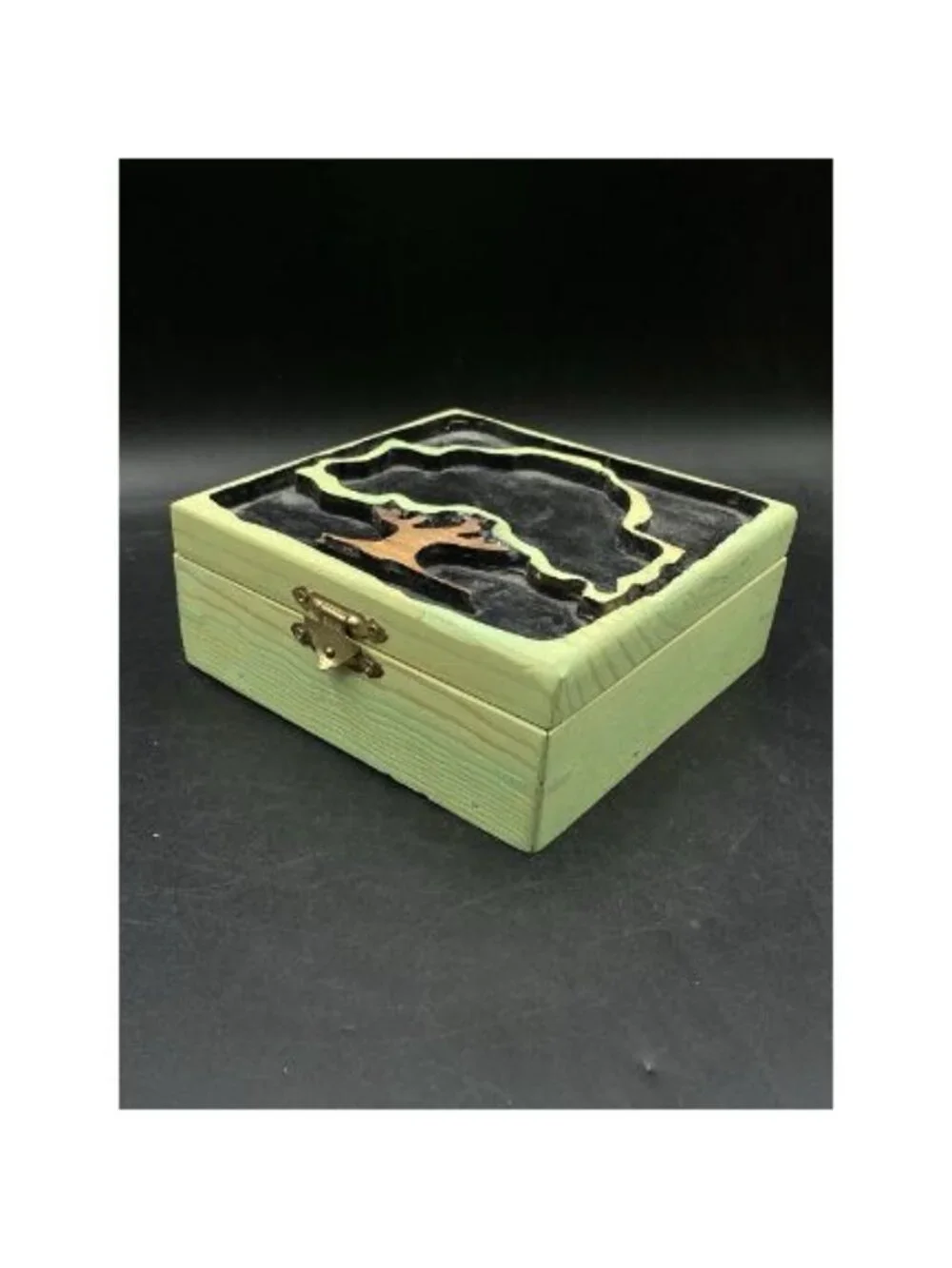 Hand Carved Green Wooden Box Tree of Life Keepsake 6”